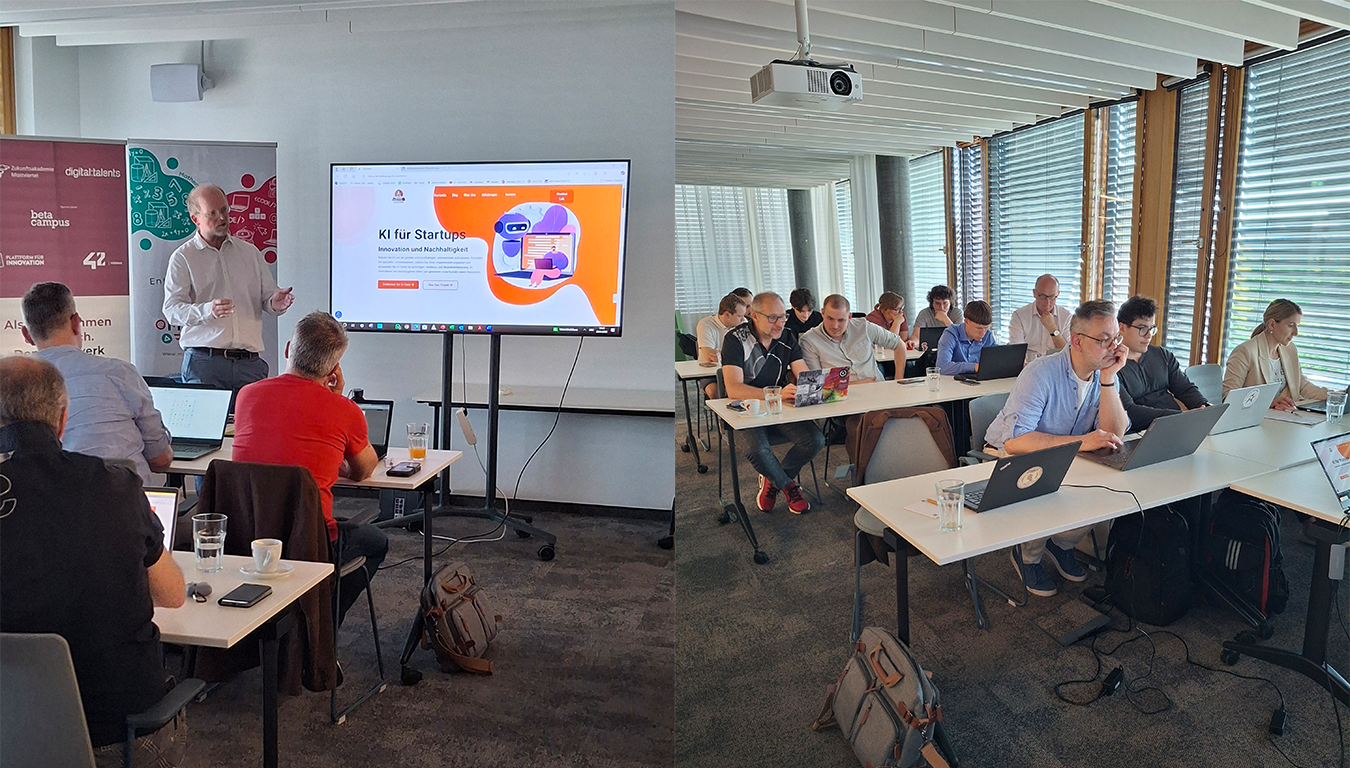 Zwei Fotos aus dem Workshop von Chatbot Lab. Eines zeigt den Sprecher mit einer Präsentation, das zweite zeigt die Teilnehmenden vor ihren Laptops