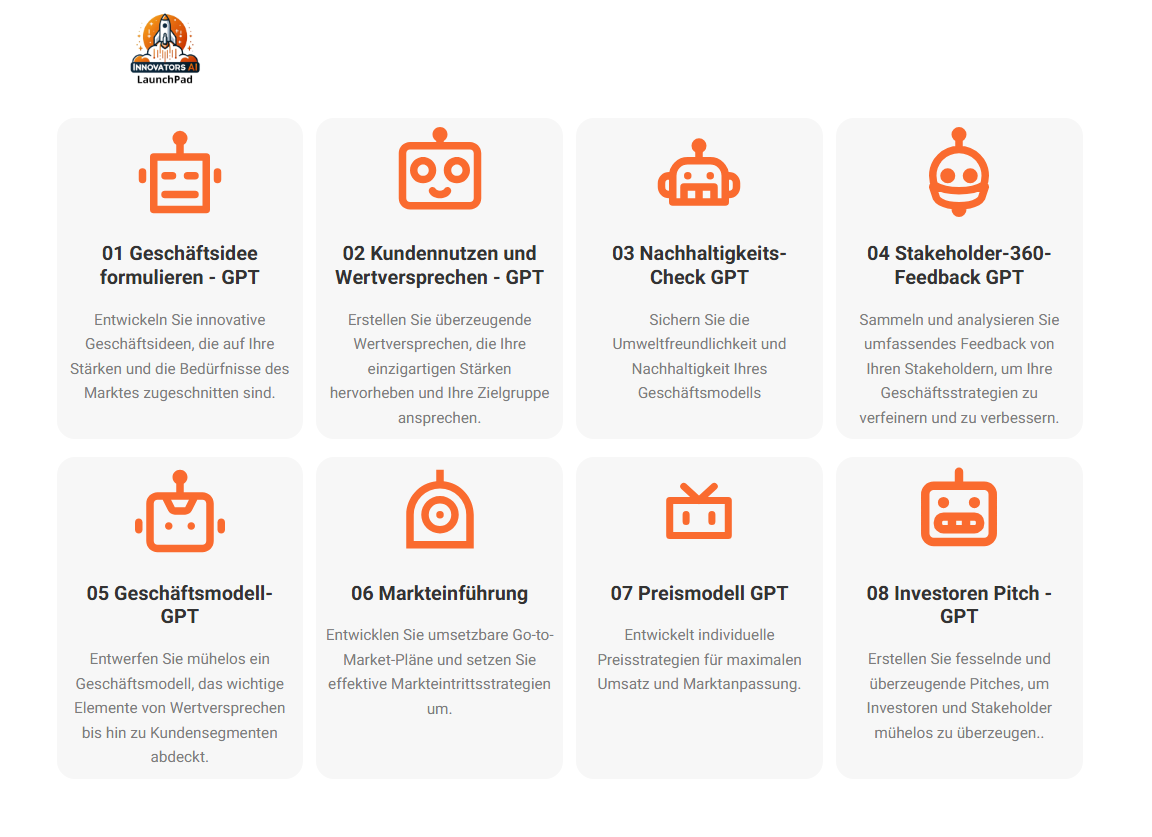 Screenshot der Chatbot Lab Website mit Übersicht der 8 Chatbots
