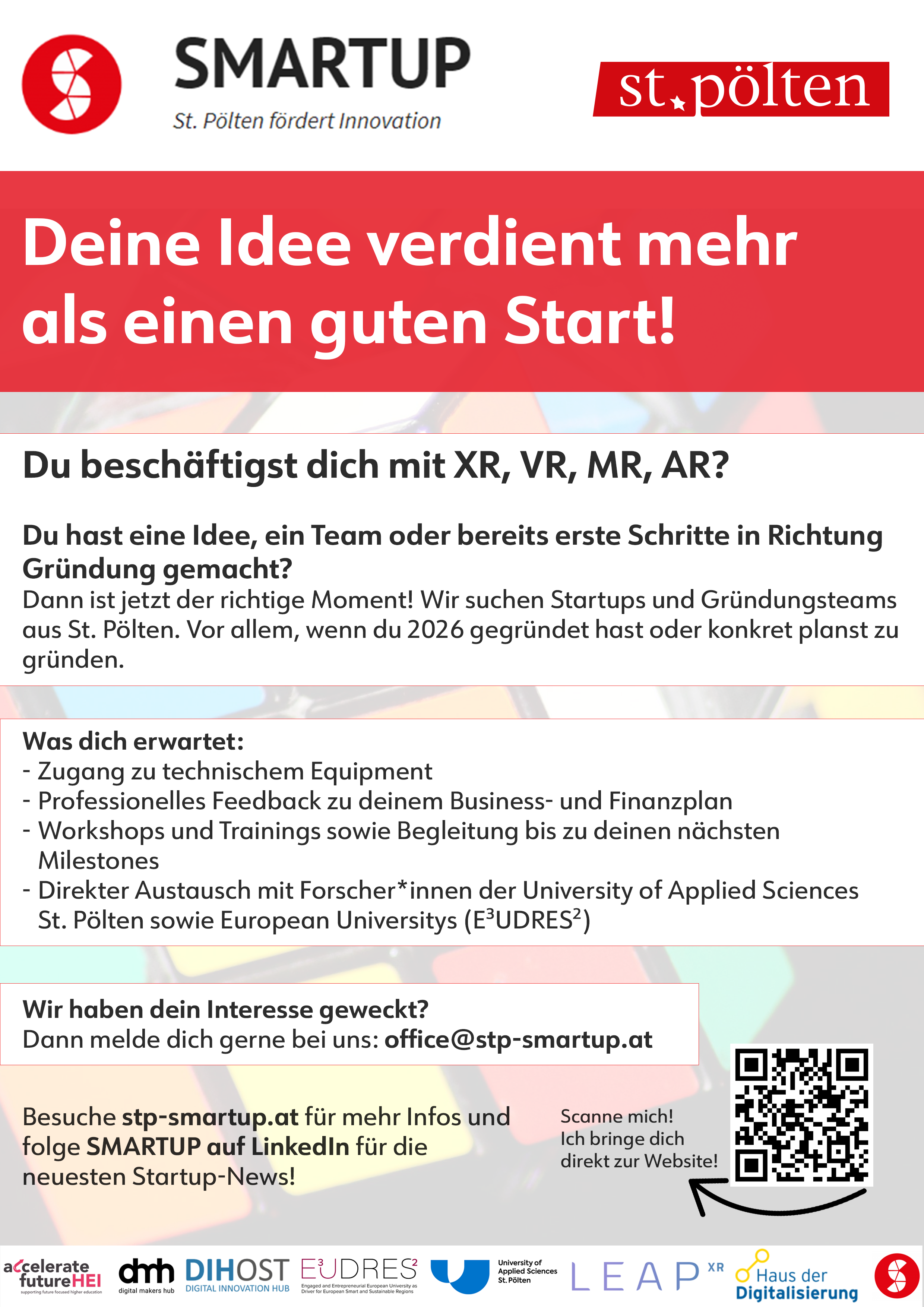 Plakat an Startups, die sich mit XR, VR, AR oder MR beschäftigen